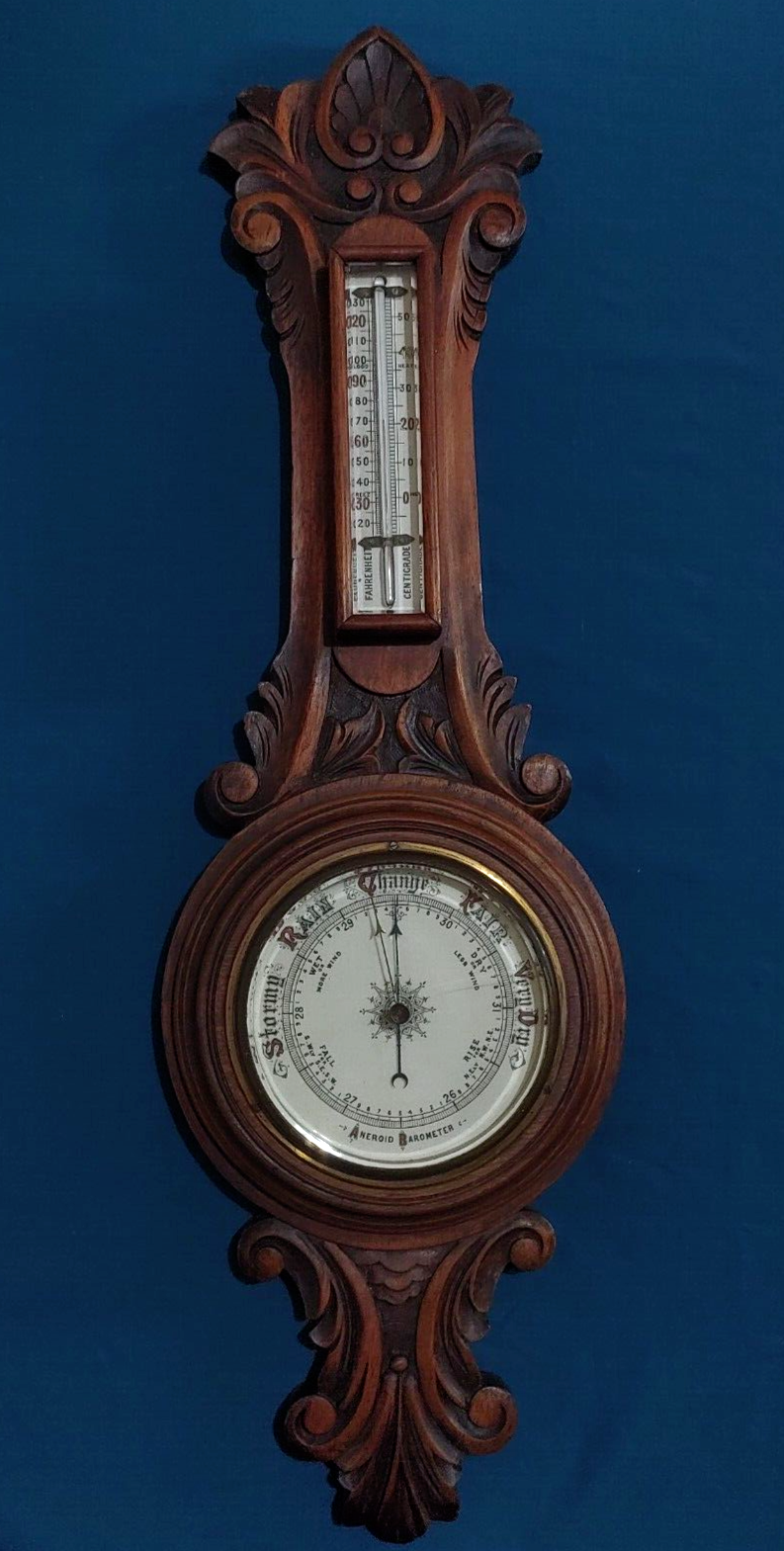 19th Century Carved Oak Aneroid Barometer Thermometer Antique Victorian