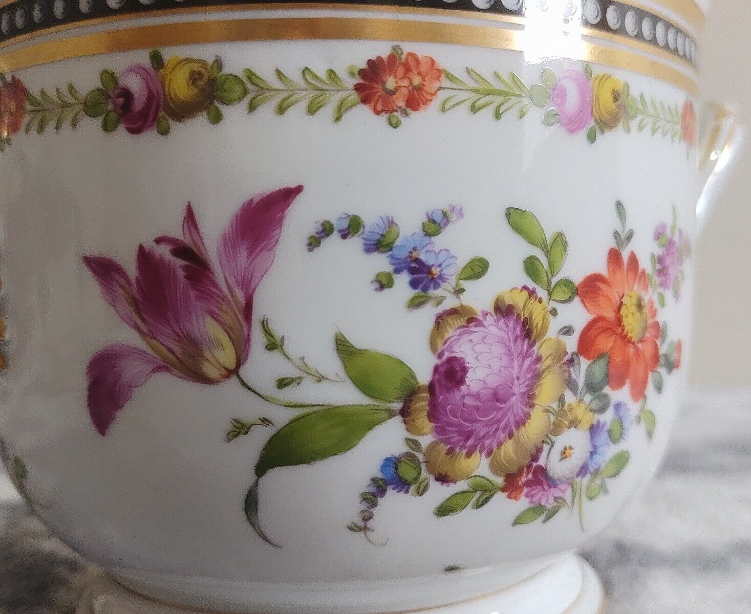 Antique Dresden German Porcelain Handpainted Flowers Jardiniere Cachepot Planter