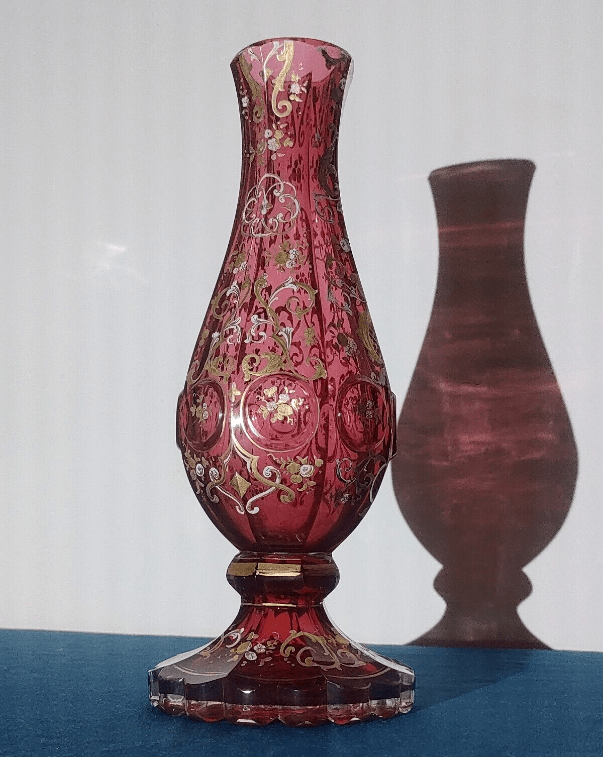 Antique 19th C. Bohemian Czech Enamelled Cranberry Gold Gilt Glass Vase 28.5 cm - Tommy's Treasure