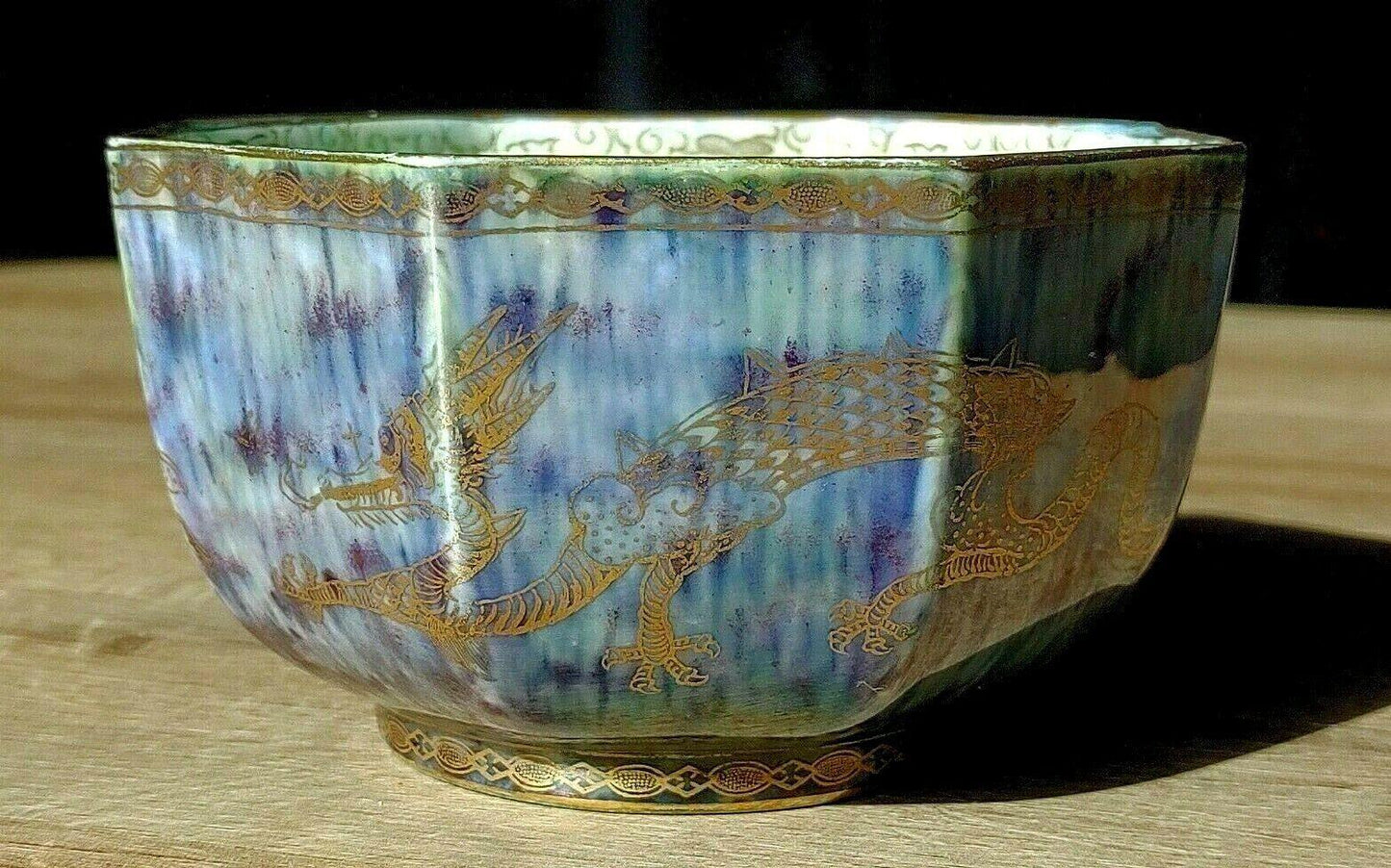 c.1920s Wedgwood Fairyland Lustre Gilt Celestial Dragons Octagonal Bowl - Tommy's Treasure