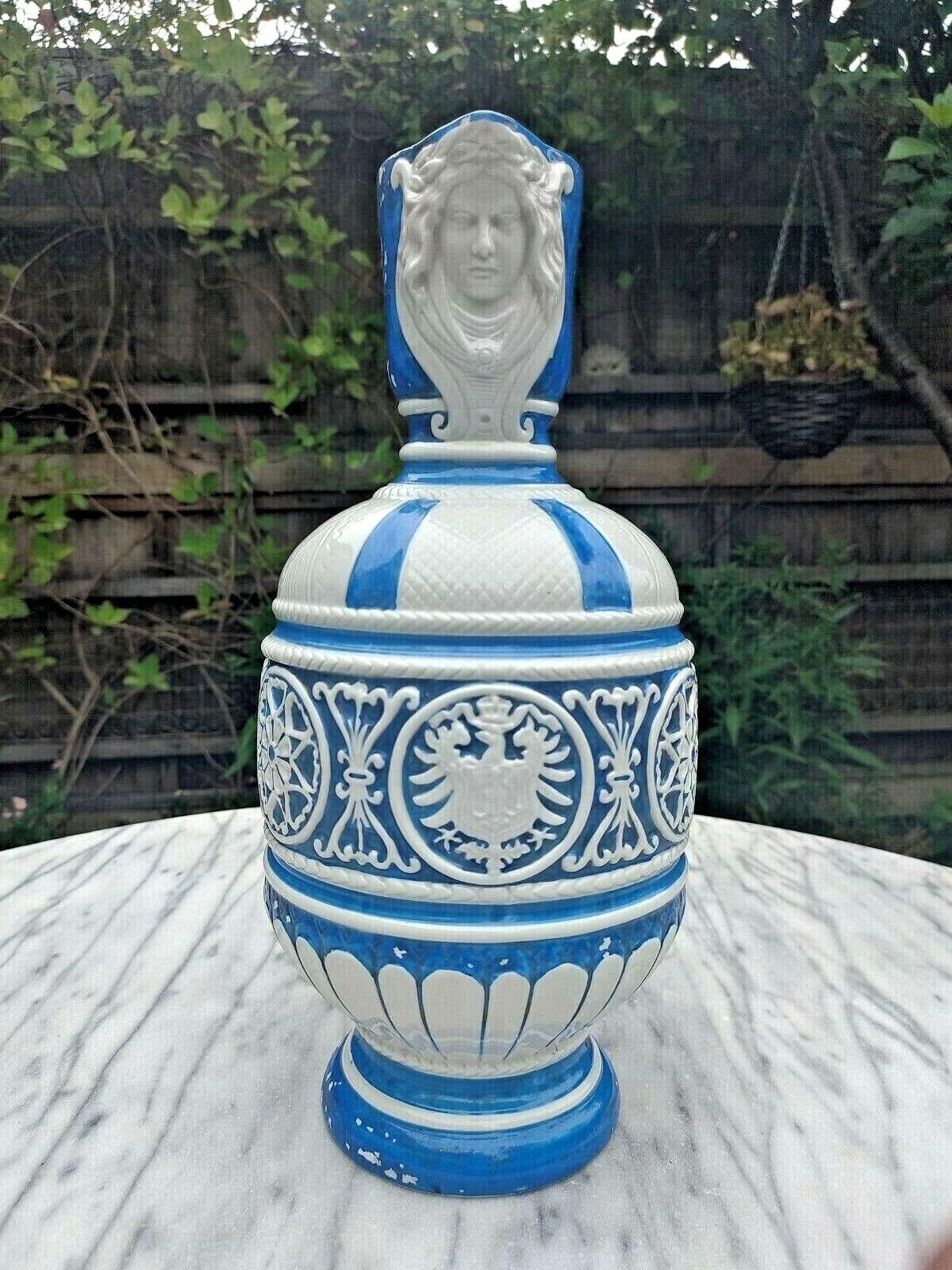 Blue & White Pottery Pitcher Jug Vase Masked Spout German Eagle Crest 14" - Tommy's Treasure