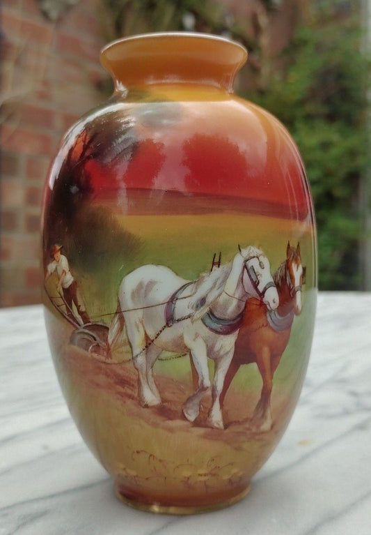 Royal Doulton Holbein Vase Hand Painted Ploughman & Horses by H.Morrey - Tommy's Treasure