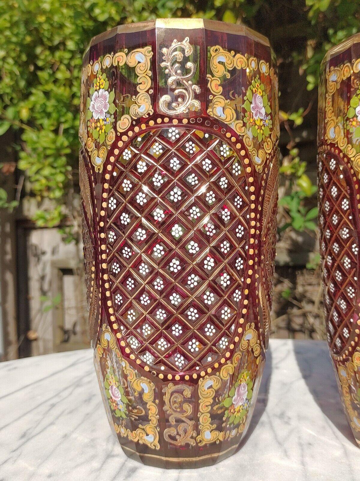 Bohemian Czech Cranberry Red Hand Painted Enamel Cut Glass Vases - 27 cm - Tommy's Treasure