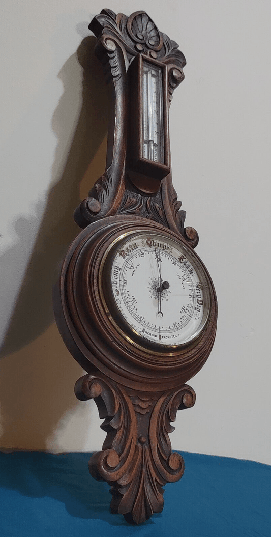 19th Century Carved Oak Aneroid Barometer Thermometer Antique Victorian - Tommy's Treasure