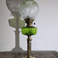 Antique Green Glass Oil Lamp Font Column Base Eltex Duplex Burner Optic Shade - Tommy's Treasure
