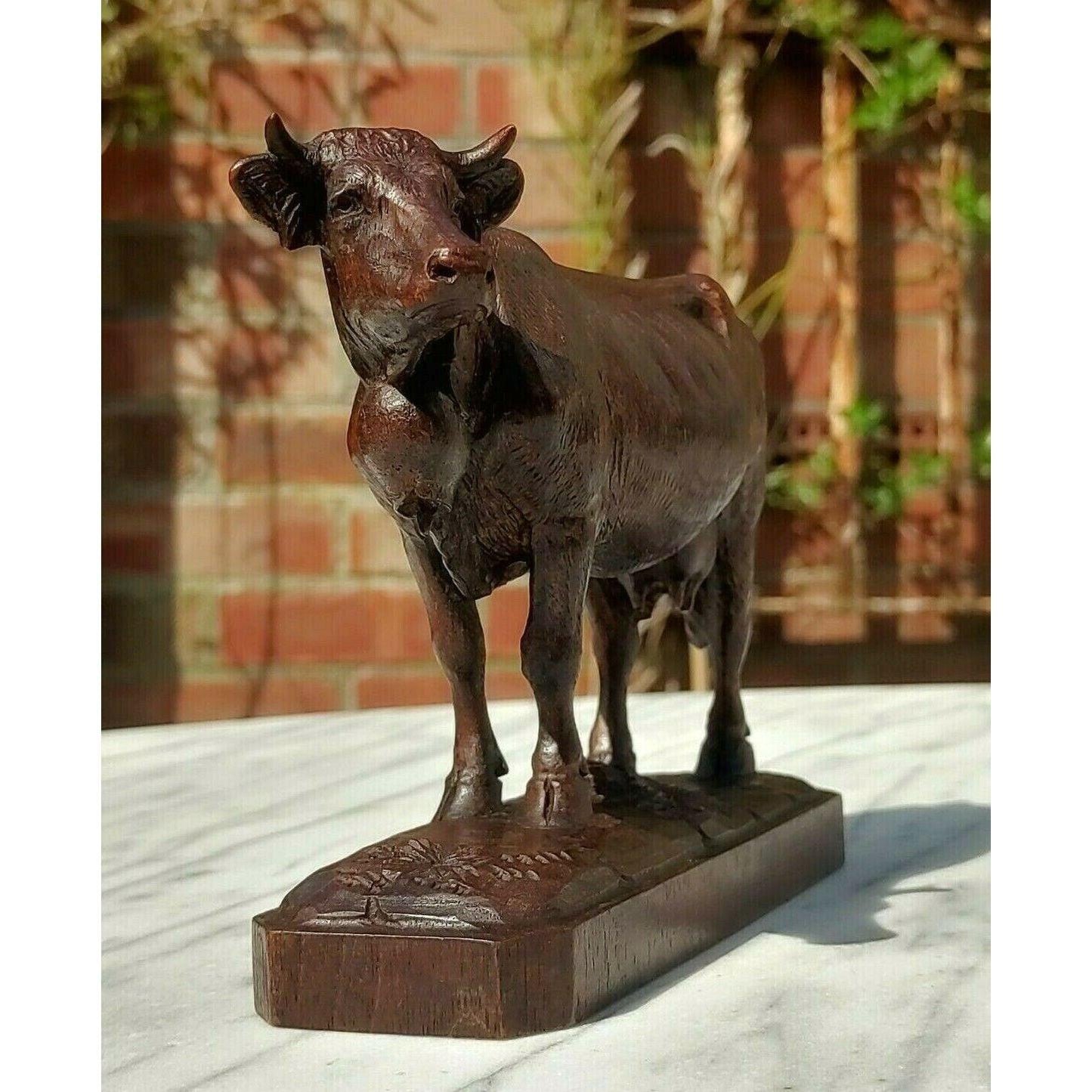 19th Century Swiss Black Forest Hand Carved Linden Wood Antique Cow Sculpture - Tommy's Treasure