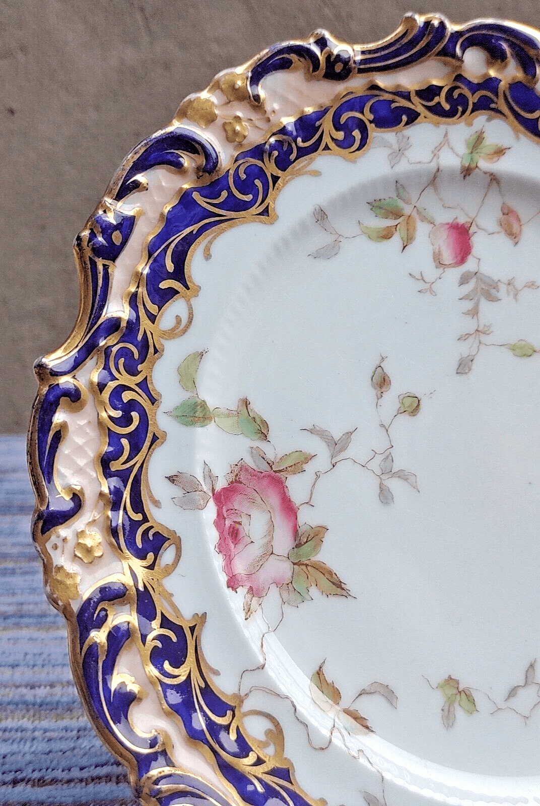 Antique 19th Century Pair Scalloped & Molded Cobalt Blue & Gilt Porcelain Plates - Tommy's Treasure