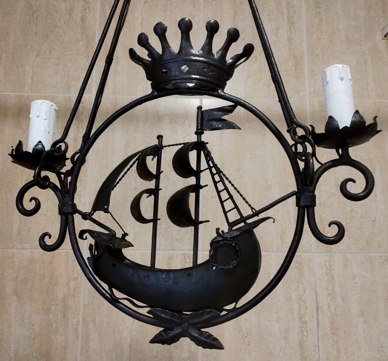 Italian 19th Century Antique Wrought Iron Nautical Sailing Ship Light Chandelier - Tommy's Treasure