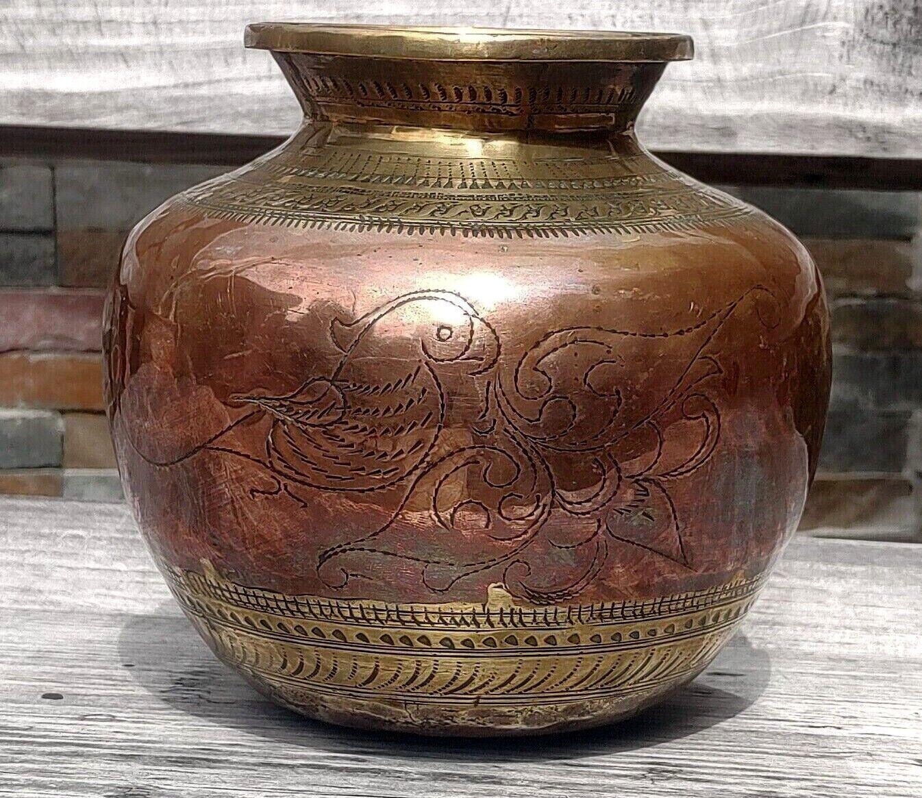Antique Indian Brass & Copper Ganga Jamuna Lota Holy Religious Water Pot Vase - Tommy's Treasure