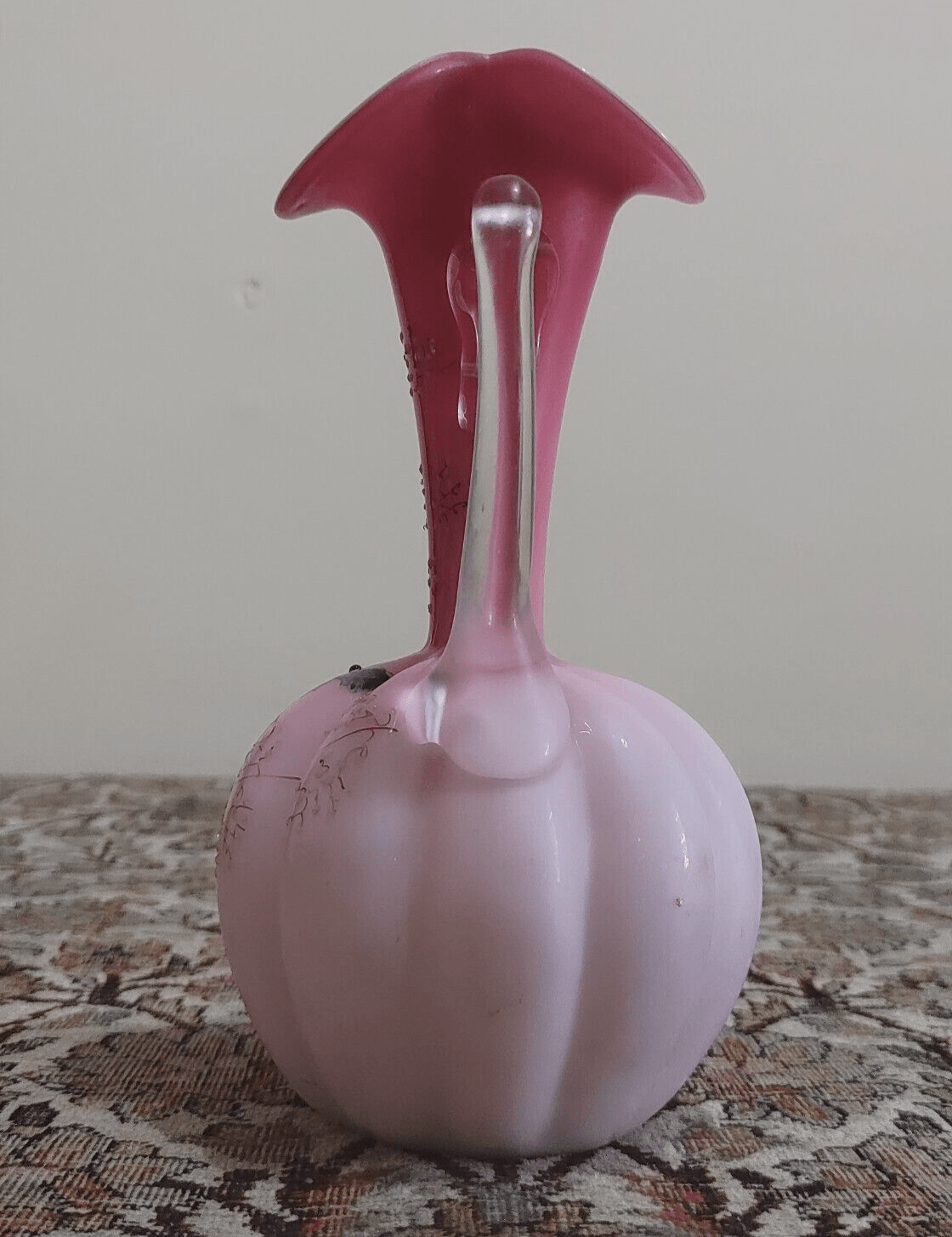 Antique Victorian Enamelled Pink Opaline Milk Satin Glass Ewer Jug - Tommy's Treasure