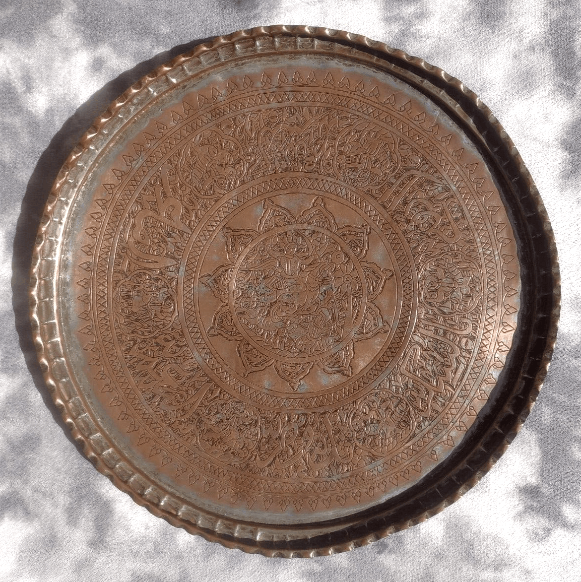 Antique Middle Eastern Engraved Tinned Copper Hanging Wall Charger Tray 47 cm - Tommy's Treasure