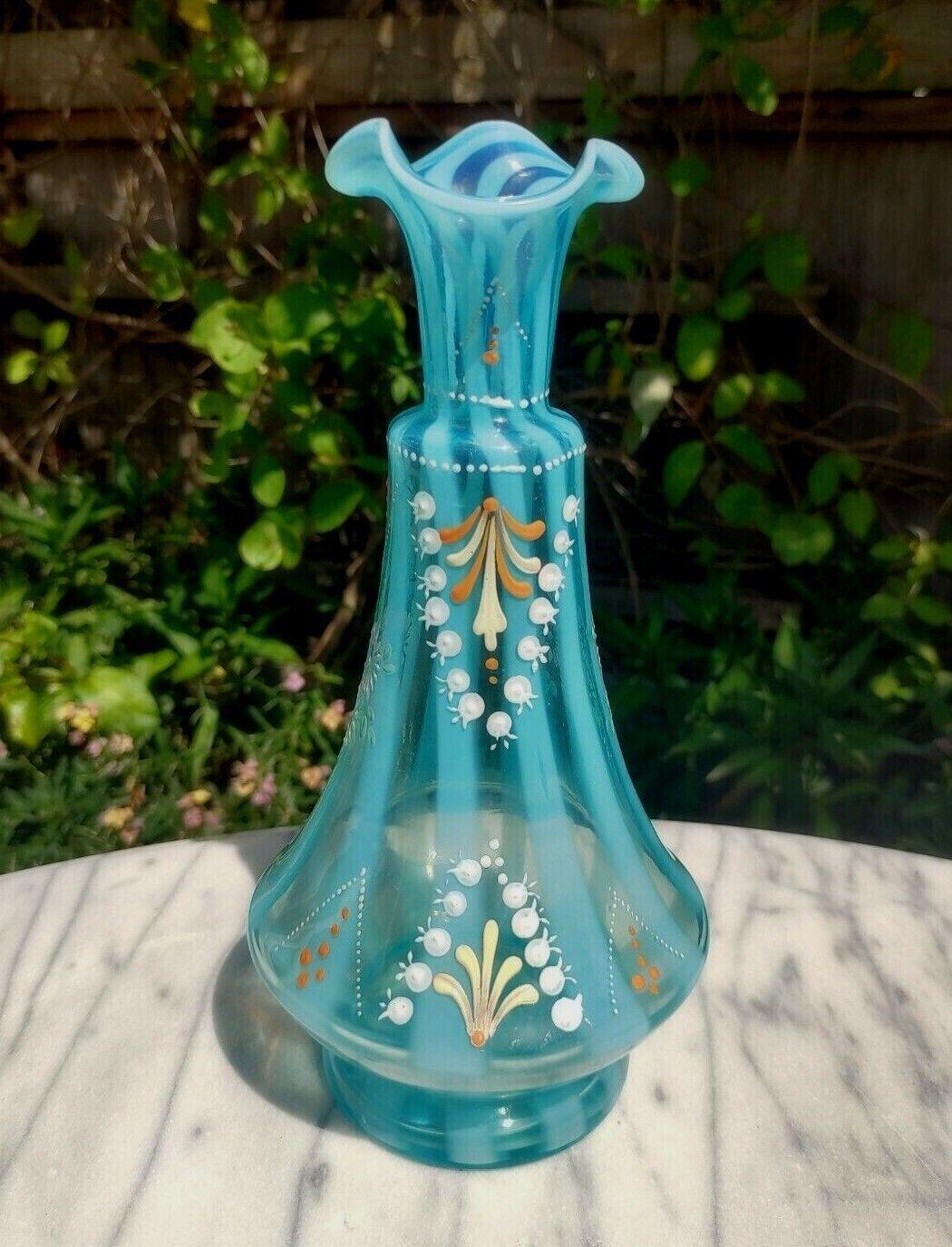 Victorian Opalescent Candy Stripe Rib Hand Enamelled Blue Glass Vase 10" - Tommy's Treasure