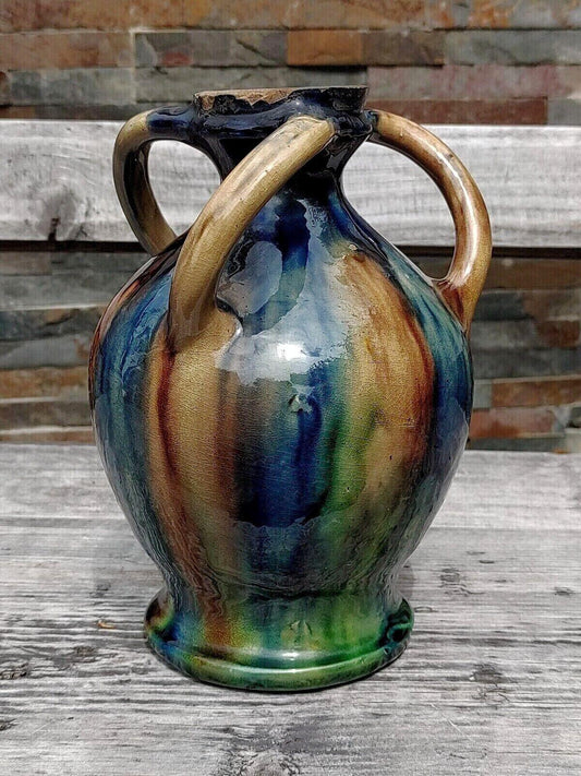 Belgian Art Nouveau Twisted 3 Handle Drip Glaze Ceramic Pottery Vase - 20 cm - Tommy's Treasure