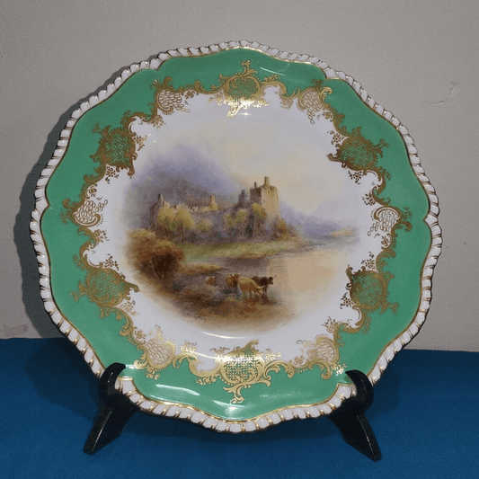 Antique 1921 Royal Worcester Plate Highland Cattle Kilchurn Castle by H. Stinton - Tommy's Treasure