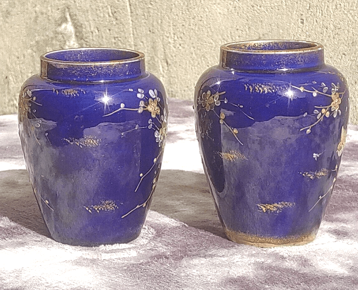 Victorian 19th Century Antique English Cobalt Blue Ceramic Pottery Enamel Gilt Vases - Tommy's Treasure