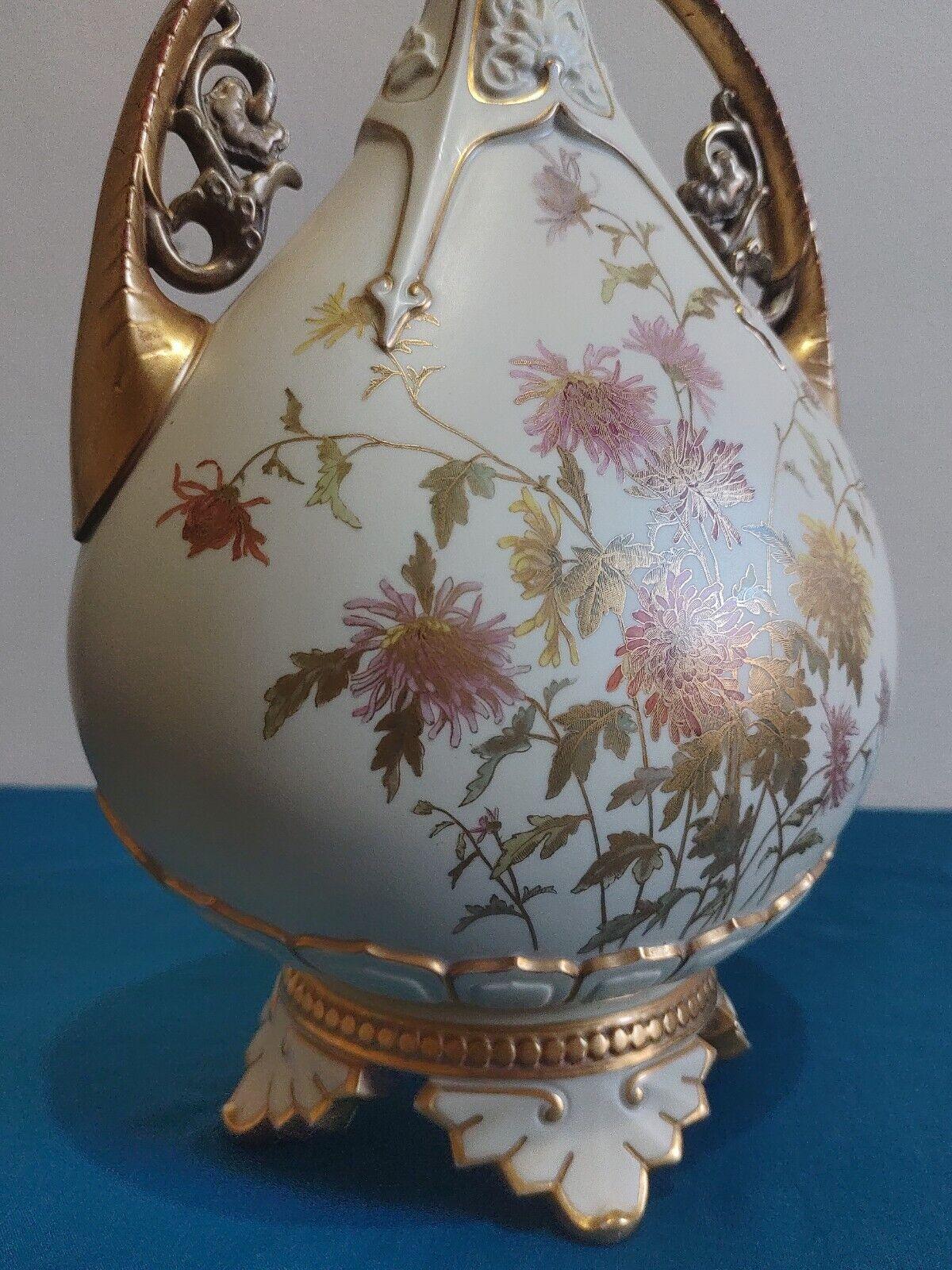 Antique Royal Worcester Twin Handled Ivory Vase Hand Gilded & Painted Porcelain - Tommy's Treasure