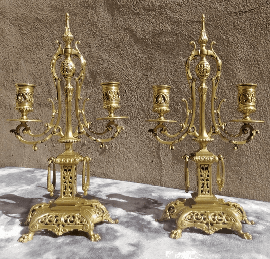 Pair of Ornate Victorian Antique Brass Candelabra Twin Candlestick Holders 36 cm - Tommy's Treasure