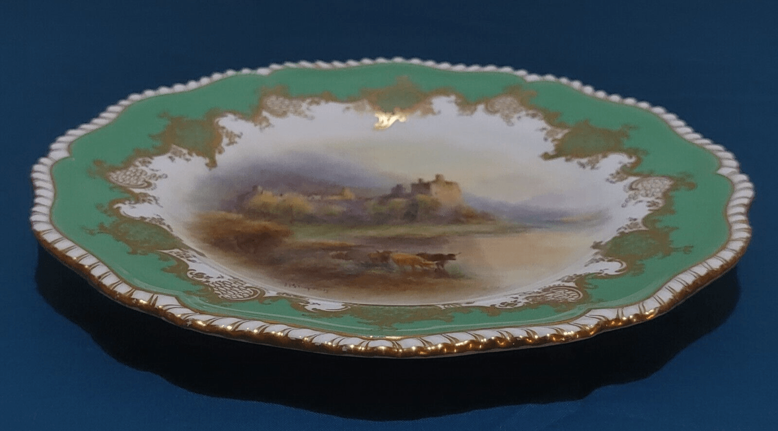 Antique 1921 Royal Worcester Plate Highland Cattle Kilchurn Castle by H. Stinton - Tommy's Treasure