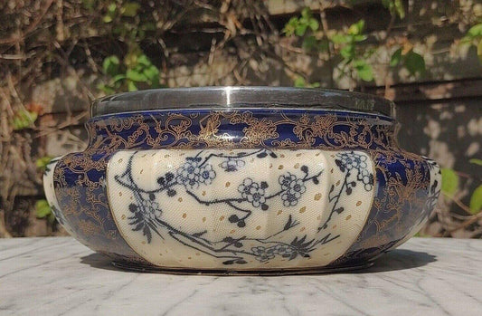 Doulton Burslem Flow Blue and White Salad Bowl Gilt Silver Plated 10" - Tommy's Treasure