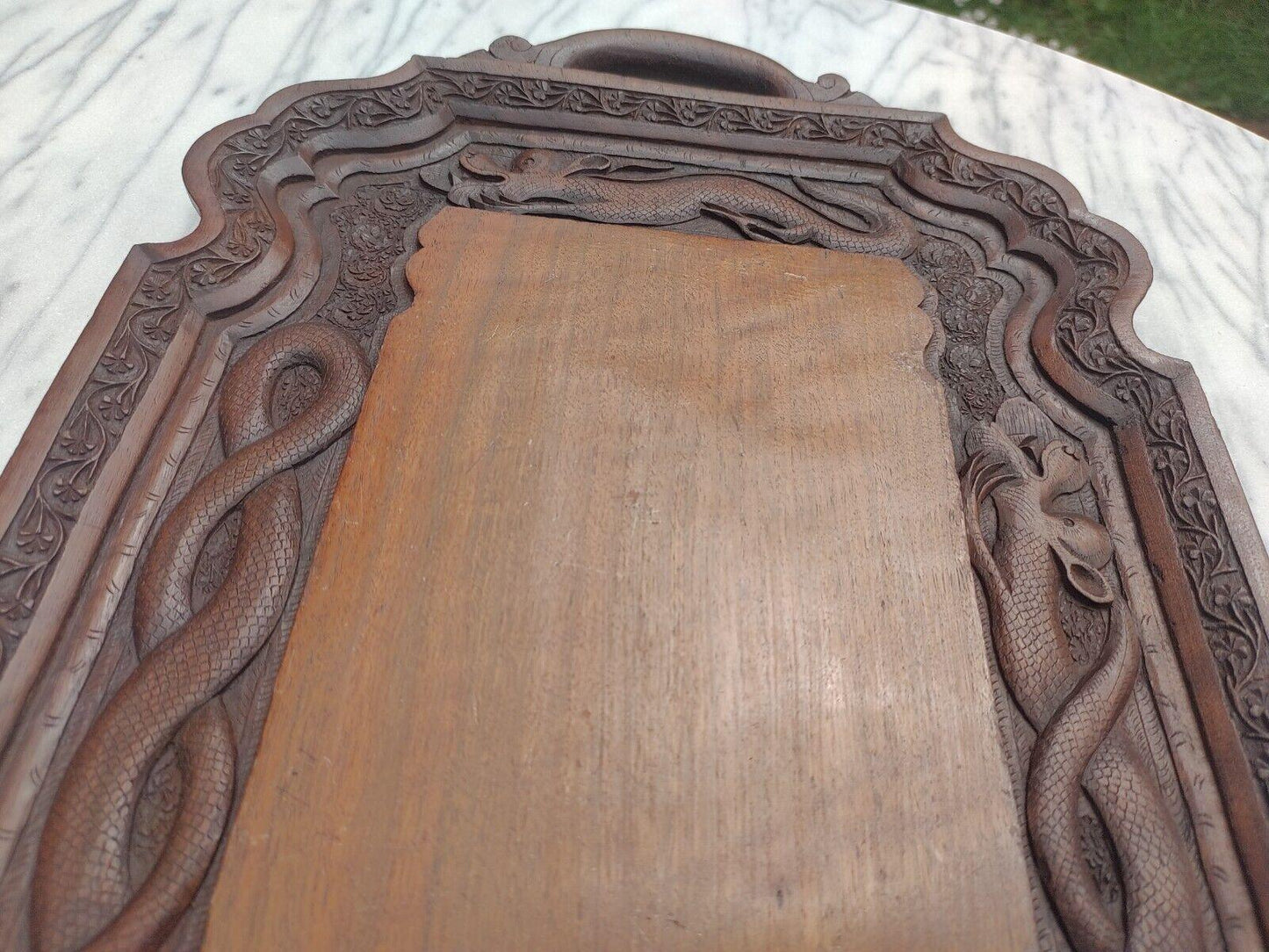 Antique c.1900 Anglo Indian Carved Wooden Dragon & Foliate Serving Tray - 59 cm - Tommy's Treasure