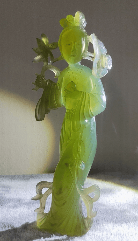 Large Antique Chinese Qing Carved Green Jade Geisha Figurine Sculpture - Tommy's Treasure