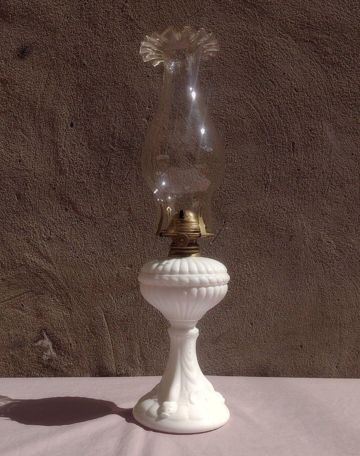 Antique 19th Century French Portieux Vallerysthal White Opaline Milk Glass Oil Lamp - Tommy's Treasure