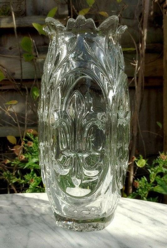 Large 1930s Glass Josef Inwald Barolac Czech Art Deco Fleur de Lis Vase - 12.5" - Tommy's Treasure