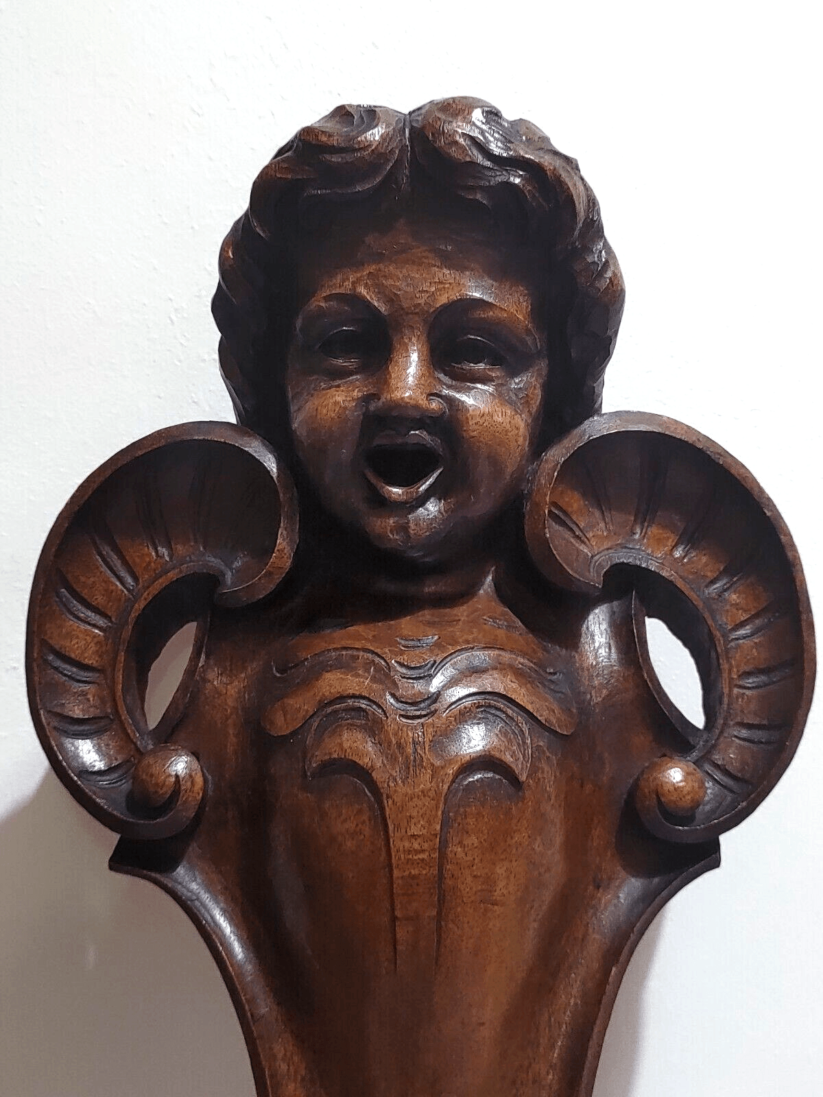 19th Century Baroque Wood Carving Cherub Putti Angel Wall Bracket Plaque - Tommy's Treasure