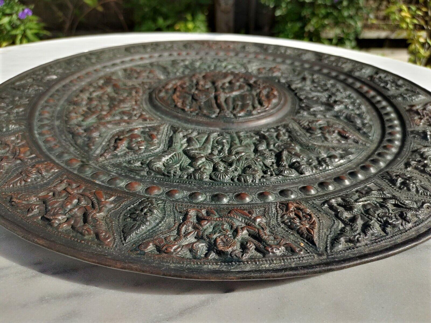 Antique Indian South Asian Bronze Copper Repousse Deity Wall Plaque Charger 18" - Tommy's Treasure