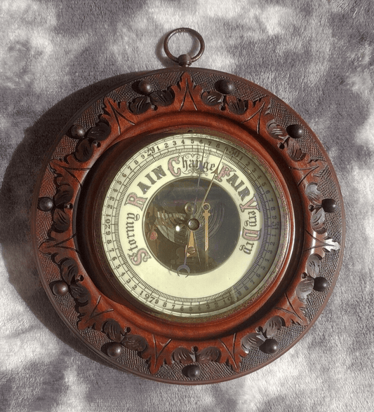 19th Century Victorian Antique Circular Carved Beechwood Aneroid Barometer 21 cm - Tommy's Treasure