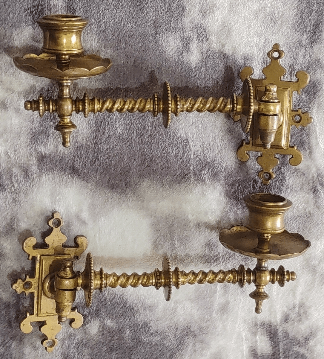 Pair of Antique Gothic Revival Brass Barley Twist Piano Candle Holder Wall Sconces - Tommy's Treasure