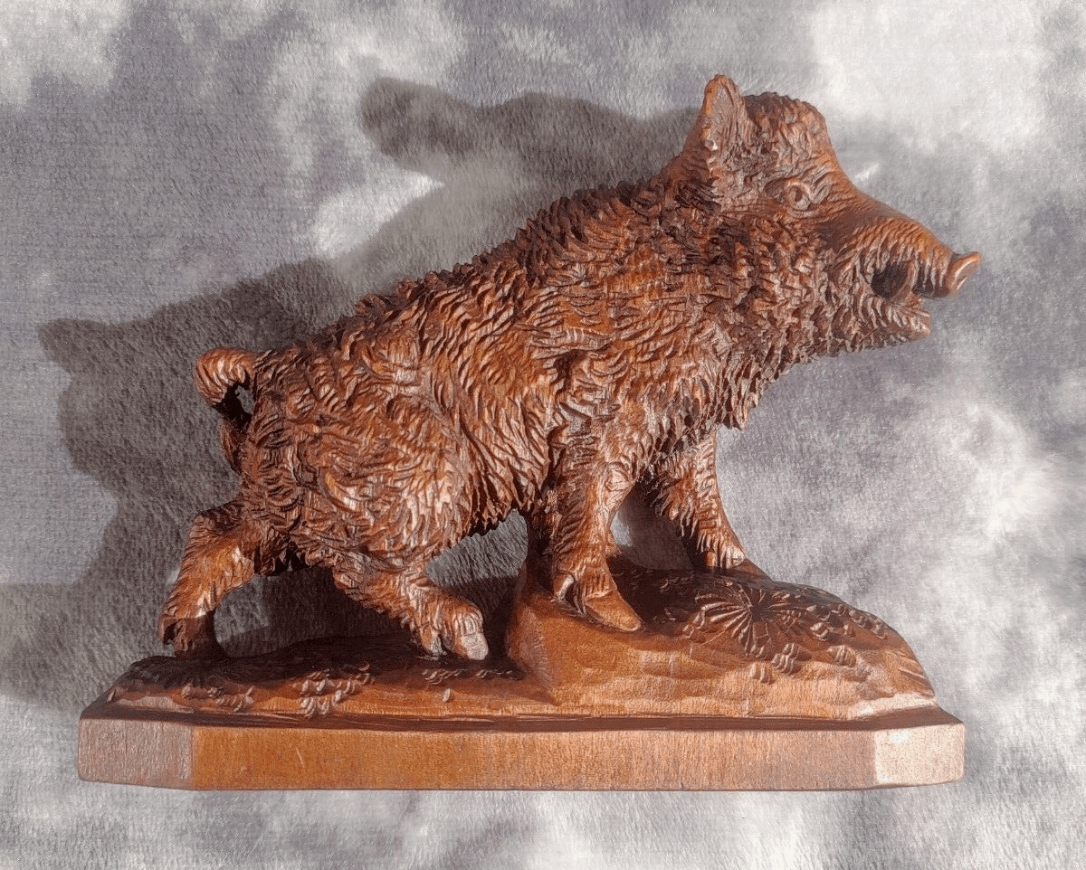 19th Century Black Forest Antique Carved Wood Swiss Brienz Wild Boar Hog Figure - Tommy's Treasure