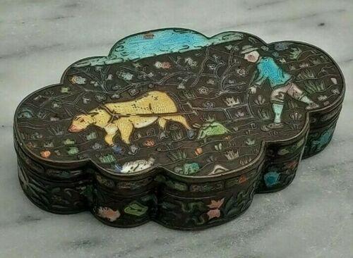 Antique Chinese Export Cloisonne Enamel Silvered Copper Opium Box Ox & Symbols - Tommy's Treasure